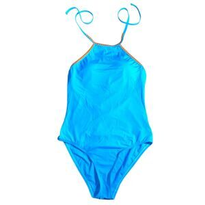 Afriel & Tabbris One Piece Swimsuit Halter Aqua Embroidered Trim